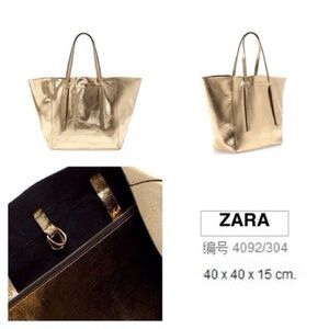 NWOT ZARA Gold Metallic Leather Tote Bag